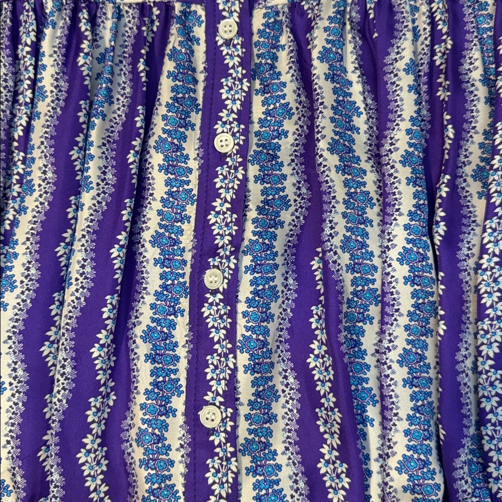 Sandro Silk Floral Stripe Purple Blue Balloon Sleeve Button Tie Cropped Blouse S - Picture 3 of 17